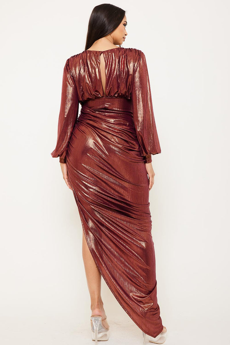 PLEATED FOIL BODYSUIT MAXI DRESS