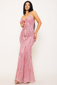 GLITTER AND  SEQUIN PATTERED ON MESH MAXI DRESS