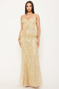 GLITTER AND  SEQUIN PATTERED ON MESH MAXI DRESS