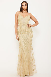 GLITTER AND  SEQUIN PATTERED ON MESH MAXI DRESS