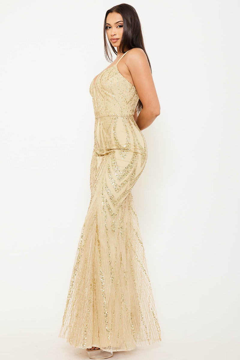 GLITTER AND  SEQUIN PATTERED ON MESH MAXI DRESS