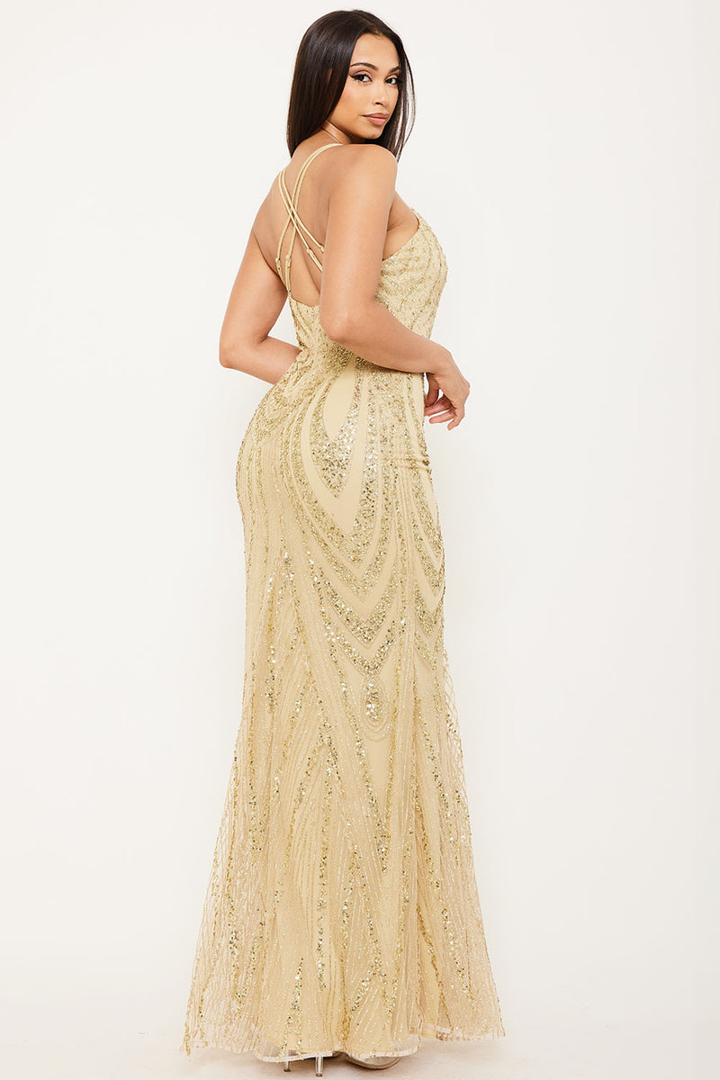 GLITTER AND  SEQUIN PATTERED ON MESH MAXI DRESS