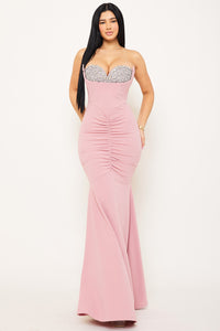 MULTI SHAPE RHINESTONE ON BUST MERMAID MAXI DRESS