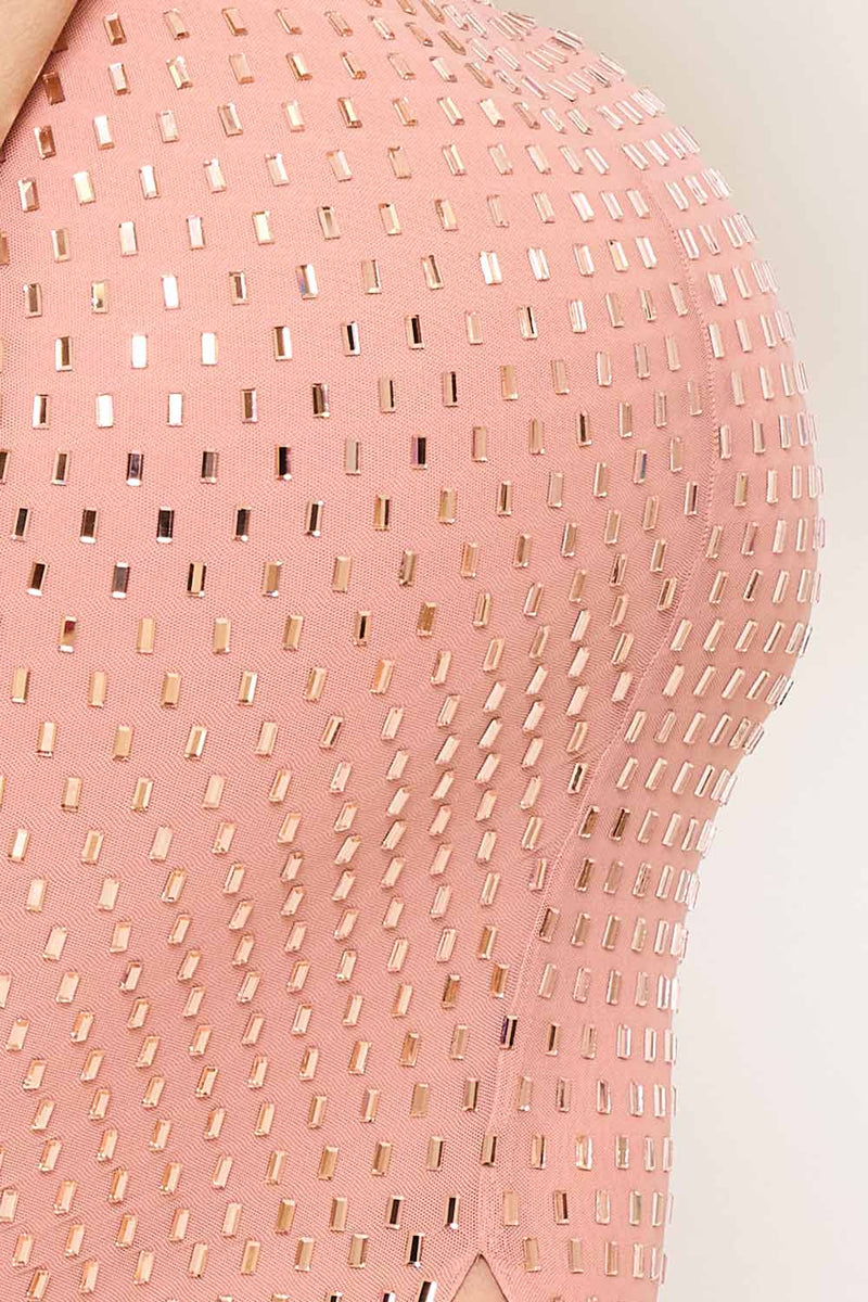 RECTANGLE RHINESTONE ON POWER MESH MAXI DRESS