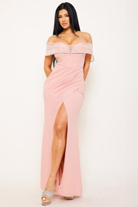 RHINESTONE PIPED ON TULLE OFF THE SHOULDER MAXI DRESS