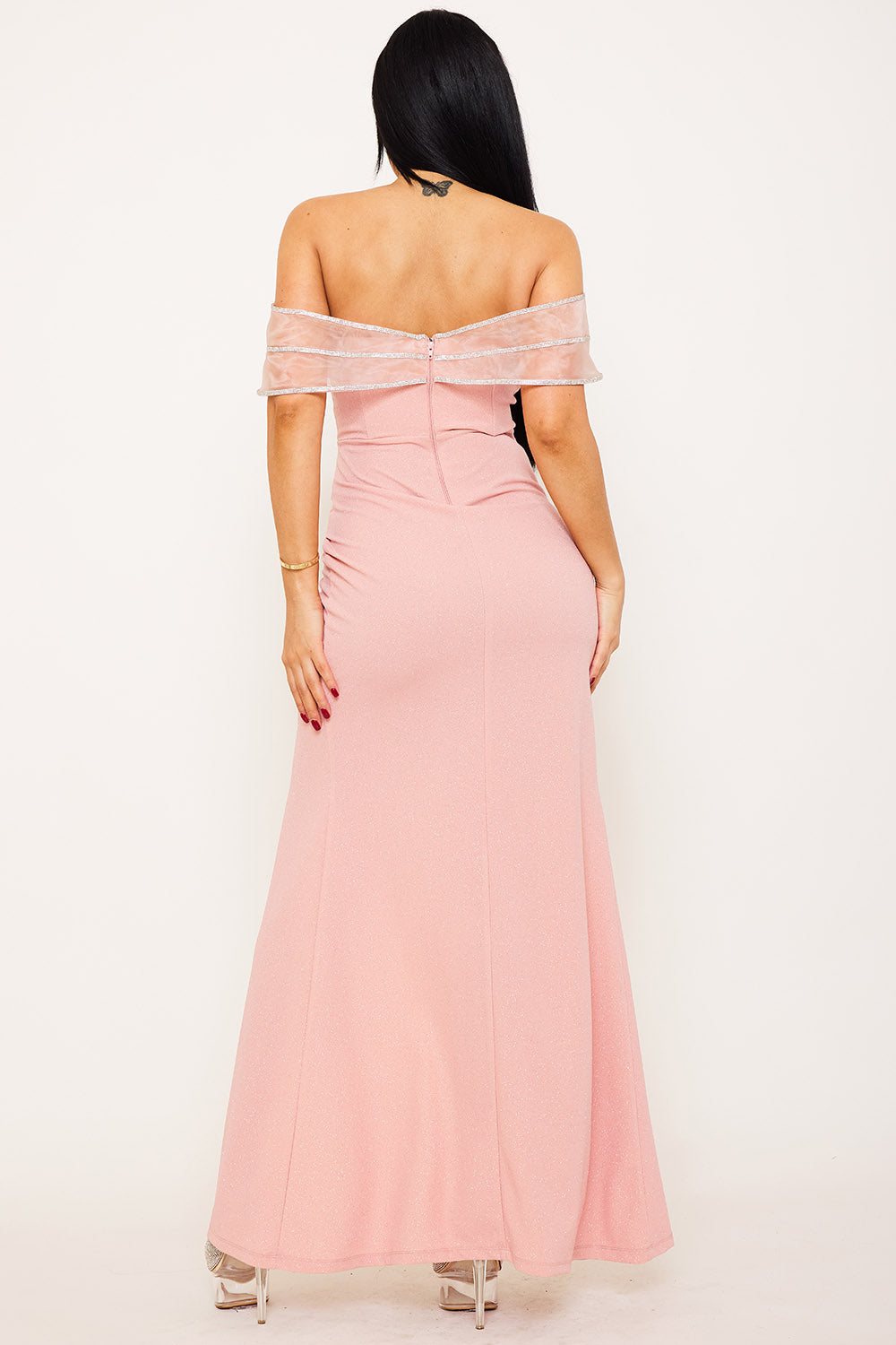 RHINESTONE PIPED ON TULLE OFF THE SHOULDER MAXI DRESS