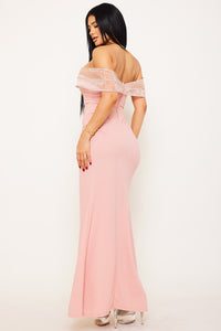 RHINESTONE PIPED ON TULLE OFF THE SHOULDER MAXI DRESS