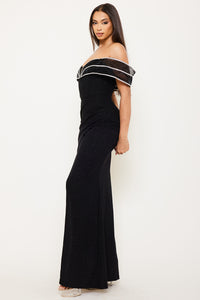 RHINESTONE PIPED ON TULLE OFF THE SHOULDER MAXI DRESS