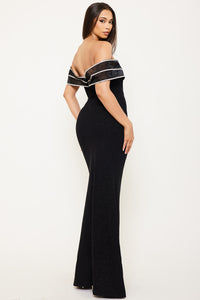 RHINESTONE PIPED ON TULLE OFF THE SHOULDER MAXI DRESS