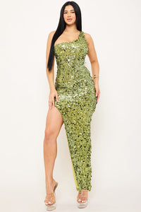 SEQUIN ONE SHOULDER MAXI DRESS