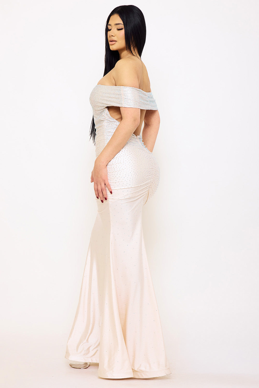 RHINESTONE GRADATION OFF THE SHOULDER MAXI DRESS