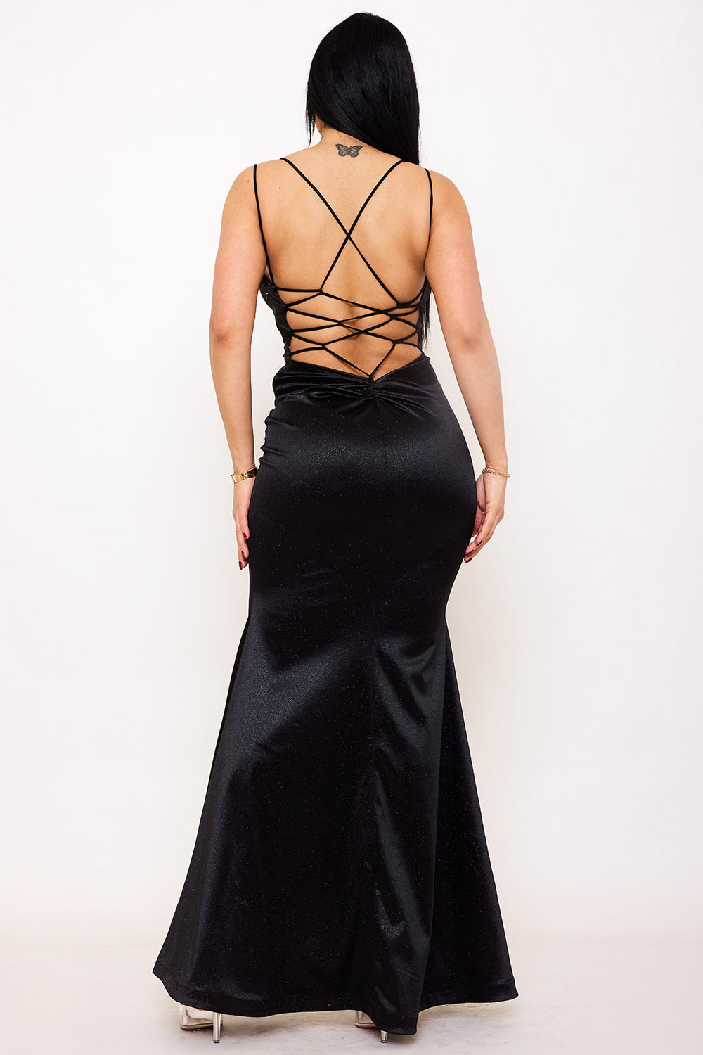 GLITTER KNIT SATIN OPEN BACK MAXI DRESS