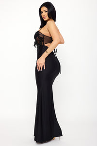 LACE CORSET BODICE WITH SATIN CONTRAST MAXI DRESS