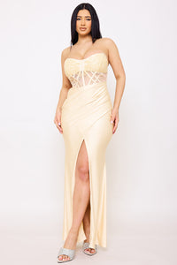 LACE CORSET BODICE WITH SATIN CONTRAST MAXI DRESS