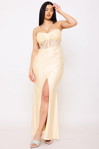LACE CORSET BODICE WITH SATIN CONTRAST MAXI DRESS