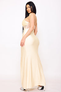 LACE CORSET BODICE WITH SATIN CONTRAST MAXI DRESS