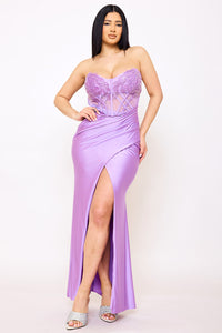 LACE CORSET BODICE WITH SATIN CONTRAST MAXI DRESS