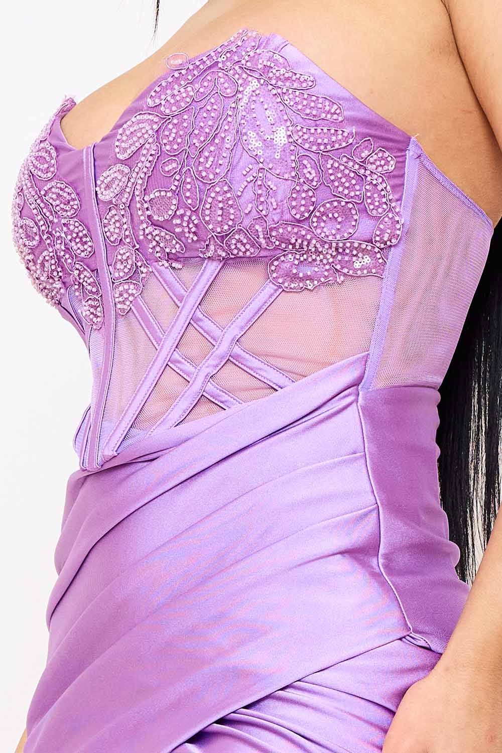 LACE CORSET BODICE WITH SATIN CONTRAST MAXI DRESS