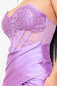 LACE CORSET BODICE WITH SATIN CONTRAST MAXI DRESS