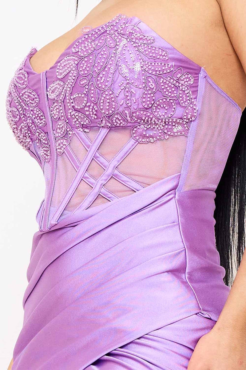 LACE CORSET BODICE WITH SATIN CONTRAST MAXI DRESS