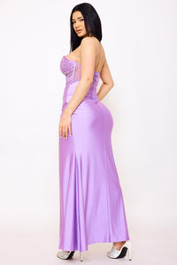 LACE CORSET BODICE WITH SATIN CONTRAST MAXI DRESS