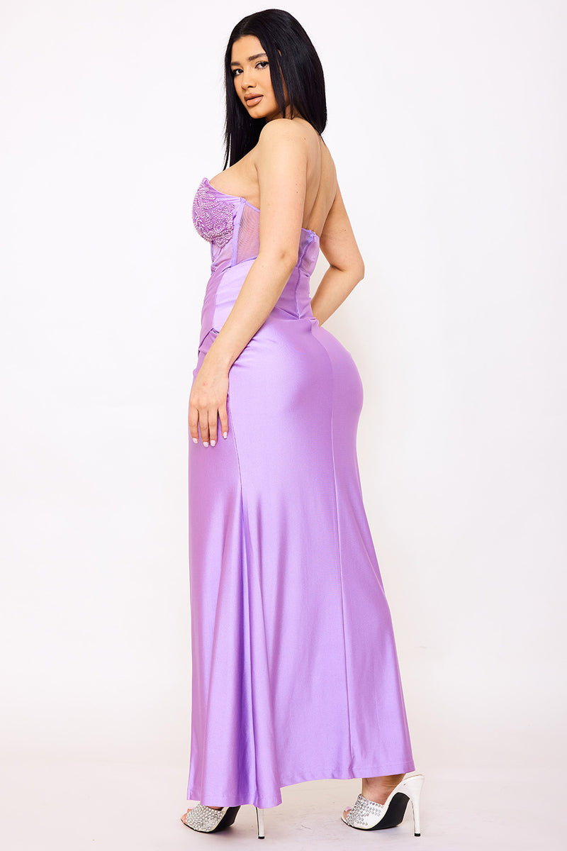 LACE CORSET BODICE WITH SATIN CONTRAST MAXI DRESS