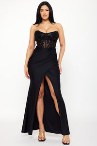 LACE CORSET BODICE WITH SATIN CONTRAST MAXI DRESS