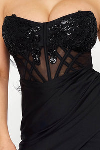 LACE CORSET BODICE WITH SATIN CONTRAST MAXI DRESS