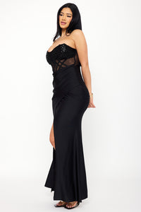 LACE CORSET BODICE WITH SATIN CONTRAST MAXI DRESS