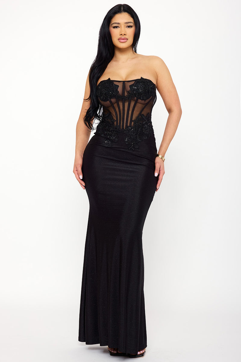 GLITTER SHAKIRA RIB LACE DETAILED MAXI DRESS