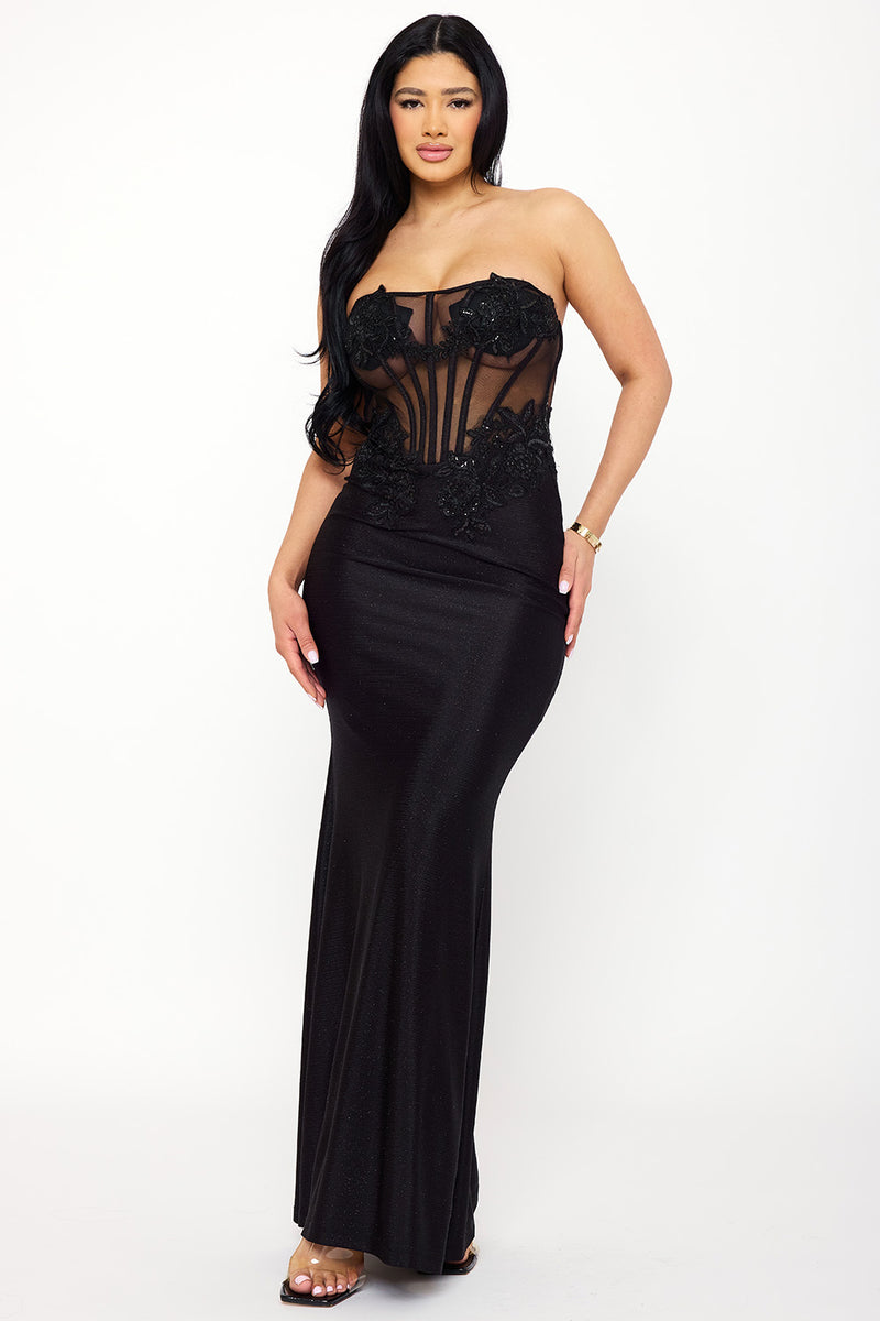 GLITTER SHAKIRA RIB LACE DETAILED MAXI DRESS