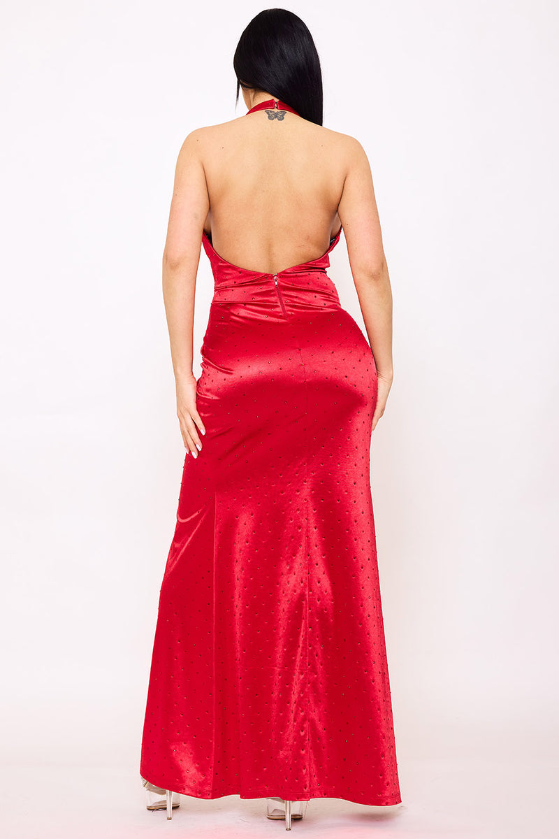 RHINESTONE ON SATIN WRAP HALTER NECK MAXI DRESS