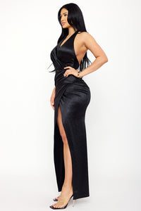 RHINESTONE ON SATIN WRAP HALTER NECK MAXI DRESS