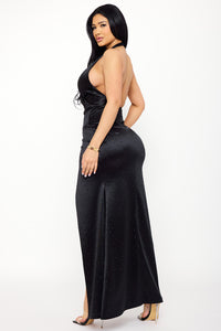 RHINESTONE ON SATIN WRAP HALTER NECK MAXI DRESS