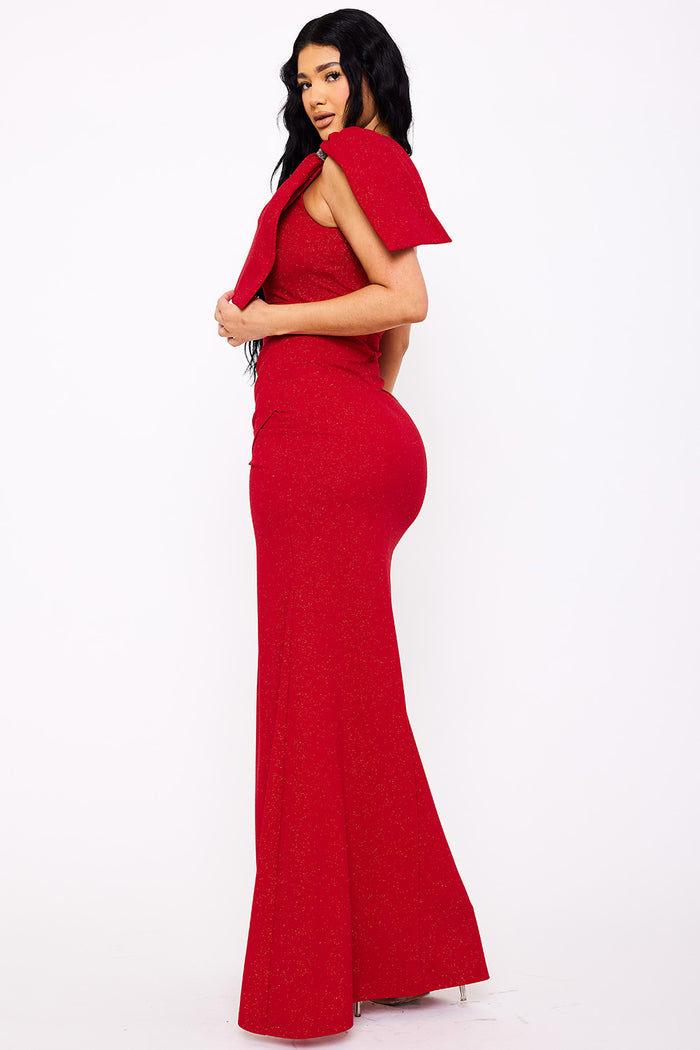 GLITTER WITH ONE SHOULDER OVERSIZED BOW ON SLEEVE MAXI DRESS