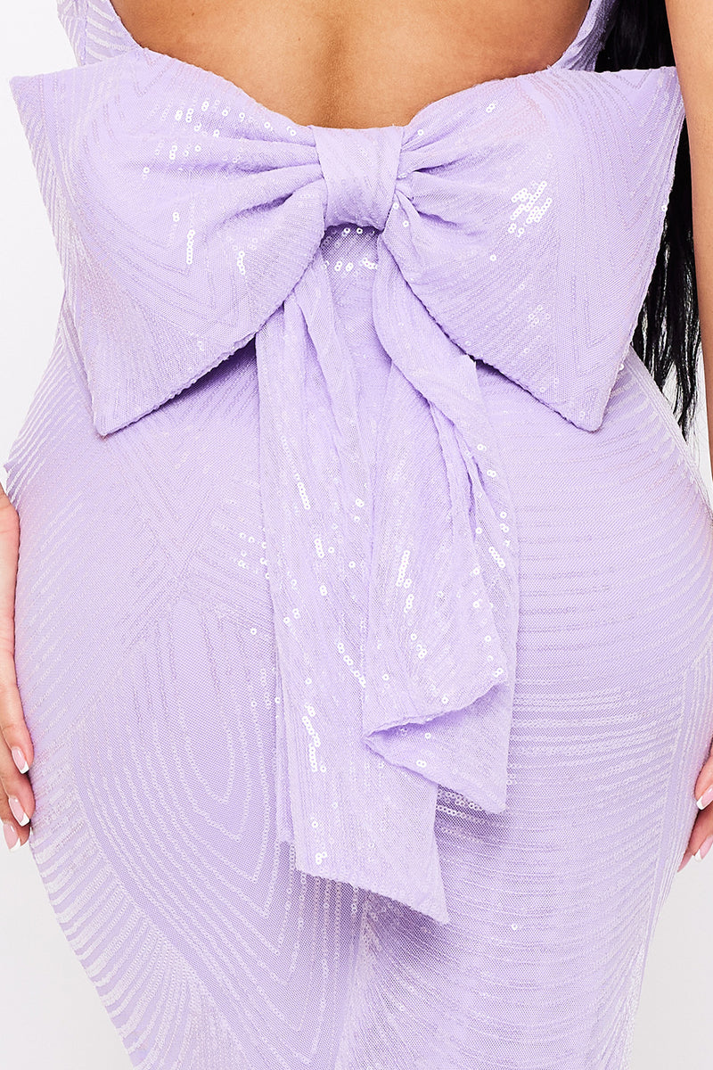 LARGE BOW BACK ON SEQUIN MAXI DRESS