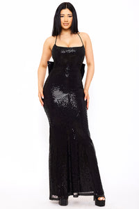 LARGE BOW BACK ON SEQUIN MAXI DRESS