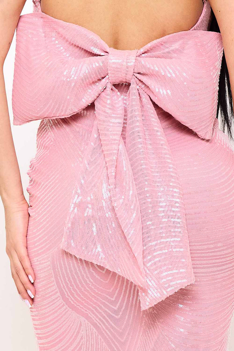 LARGE BOW BACK ON SEQUIN MAXI DRESS