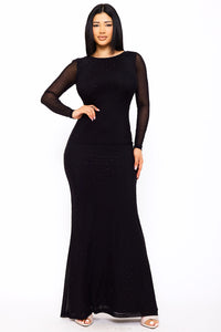 RHINESTONE ON POWER MESH OPEN BACK MAXI DRESS