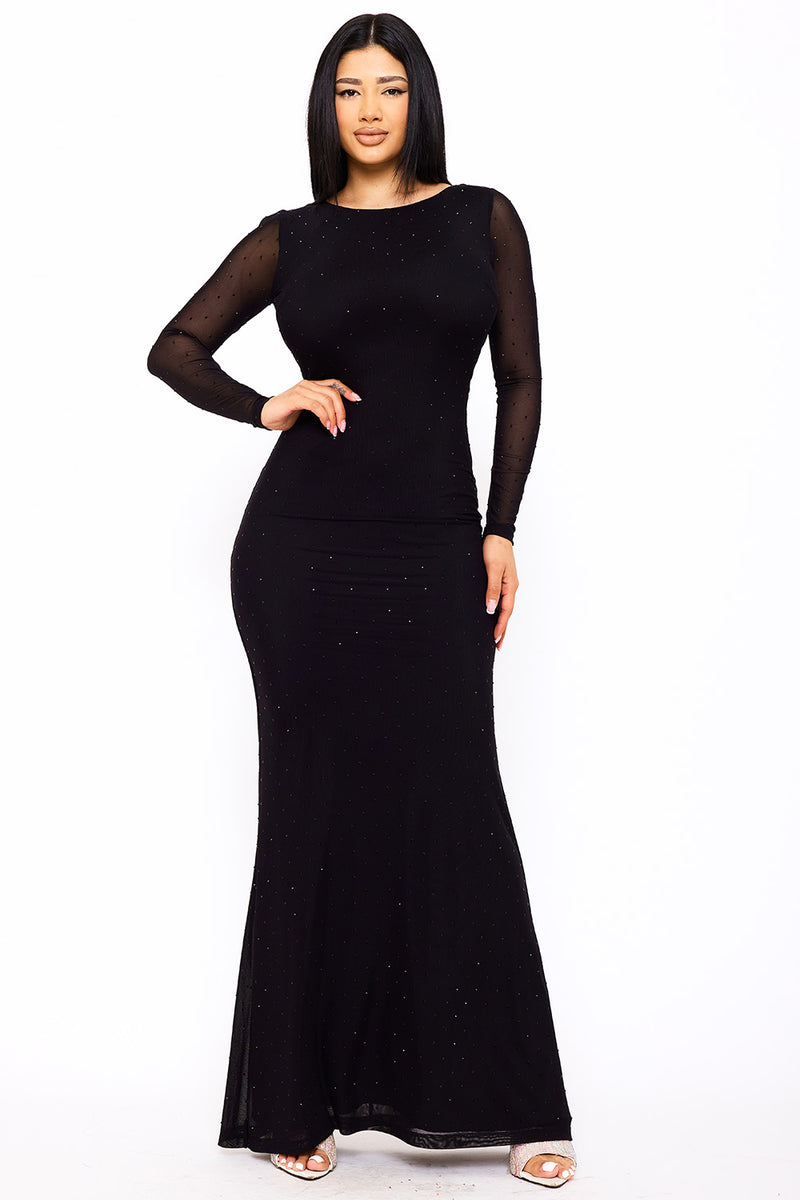 RHINESTONE ON POWER MESH OPEN BACK MAXI DRESS