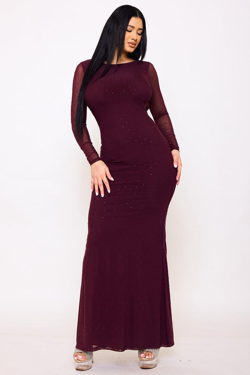 RHINESTONE ON POWER MESH OPEN BACK MAXI DRESS