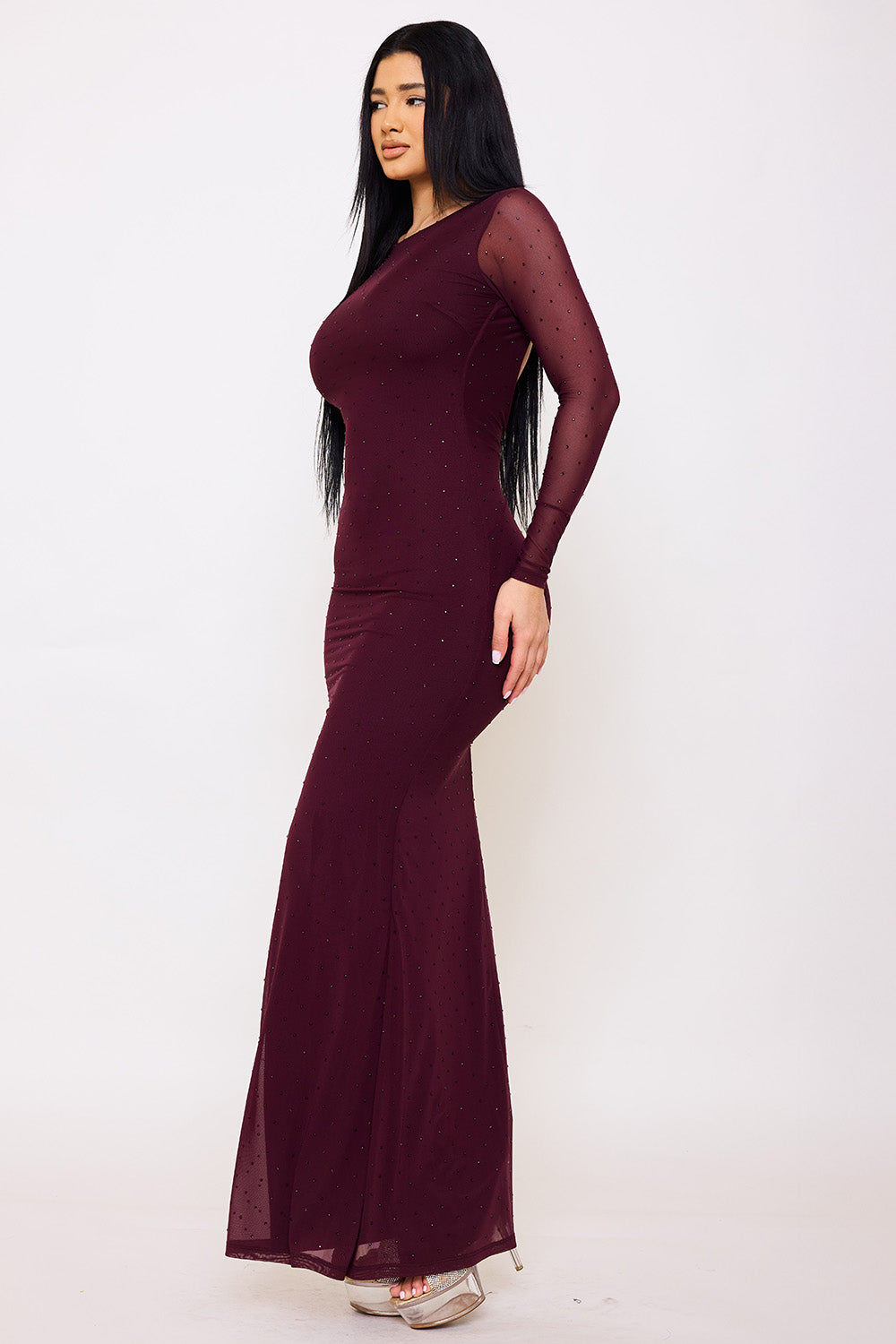 RHINESTONE ON POWER MESH OPEN BACK MAXI DRESS