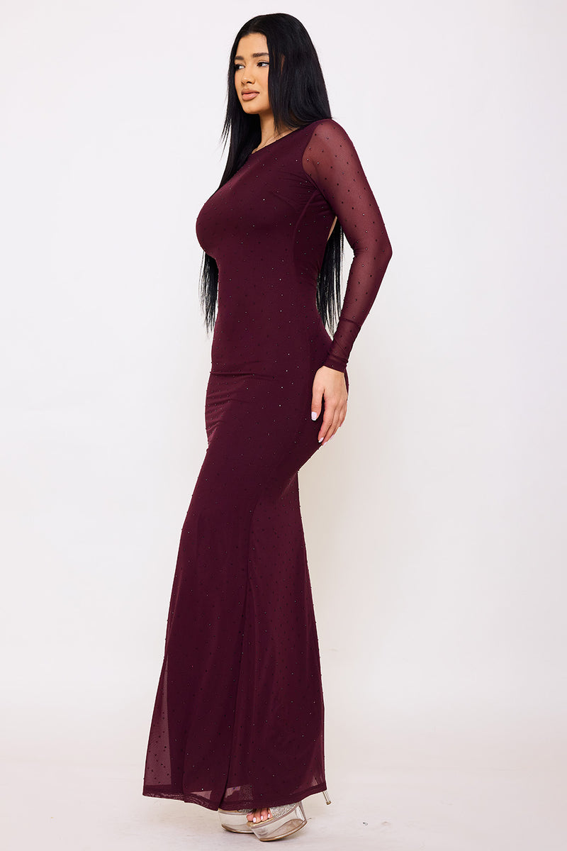 RHINESTONE ON POWER MESH OPEN BACK MAXI DRESS
