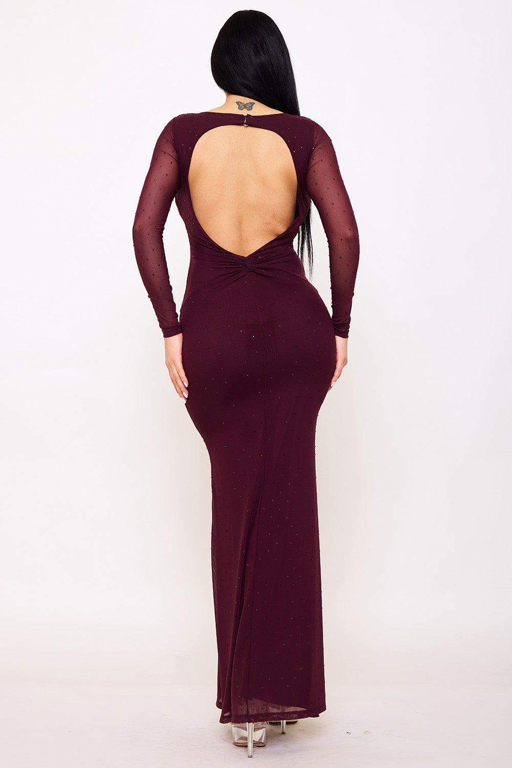 RHINESTONE ON POWER MESH OPEN BACK MAXI DRESS