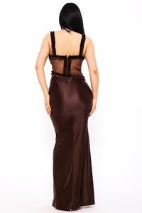 RUFFLE TRIM DETAIL ON SATIN SHEER MAXI DRESS