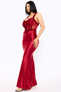 RUFFLE TRIM DETAIL ON SATIN SHEER MAXI DRESS