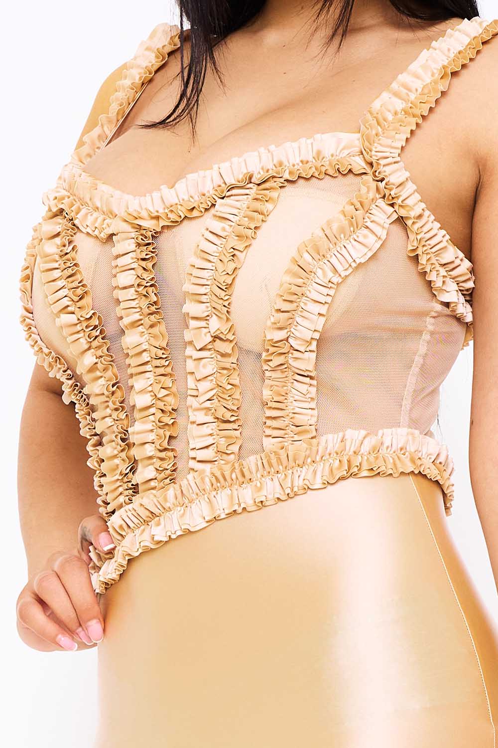 RUFFLE TRIM DETAIL ON SATIN SHEER MAXI DRESS