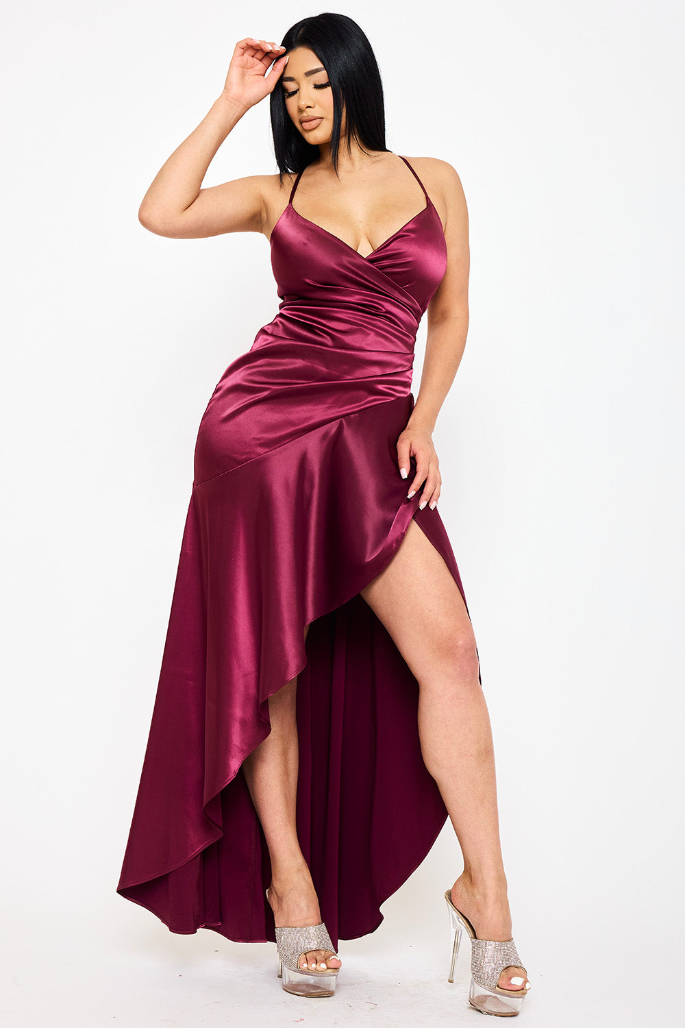 SATIN SUPLICE RUFFLE HI-LOW MAXI DRESS