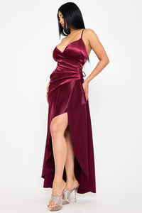 SATIN SUPLICE RUFFLE HI-LOW MAXI DRESS