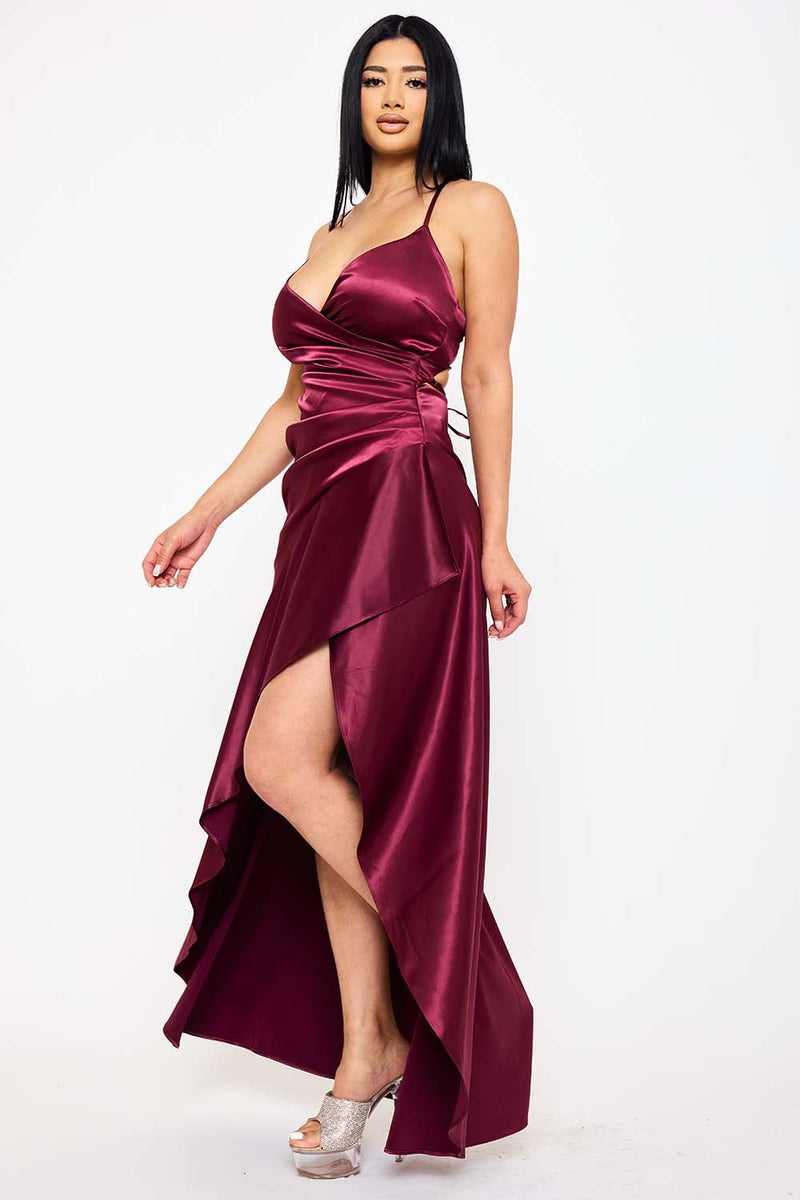 SATIN SUPLICE RUFFLE HI-LOW MAXI DRESS